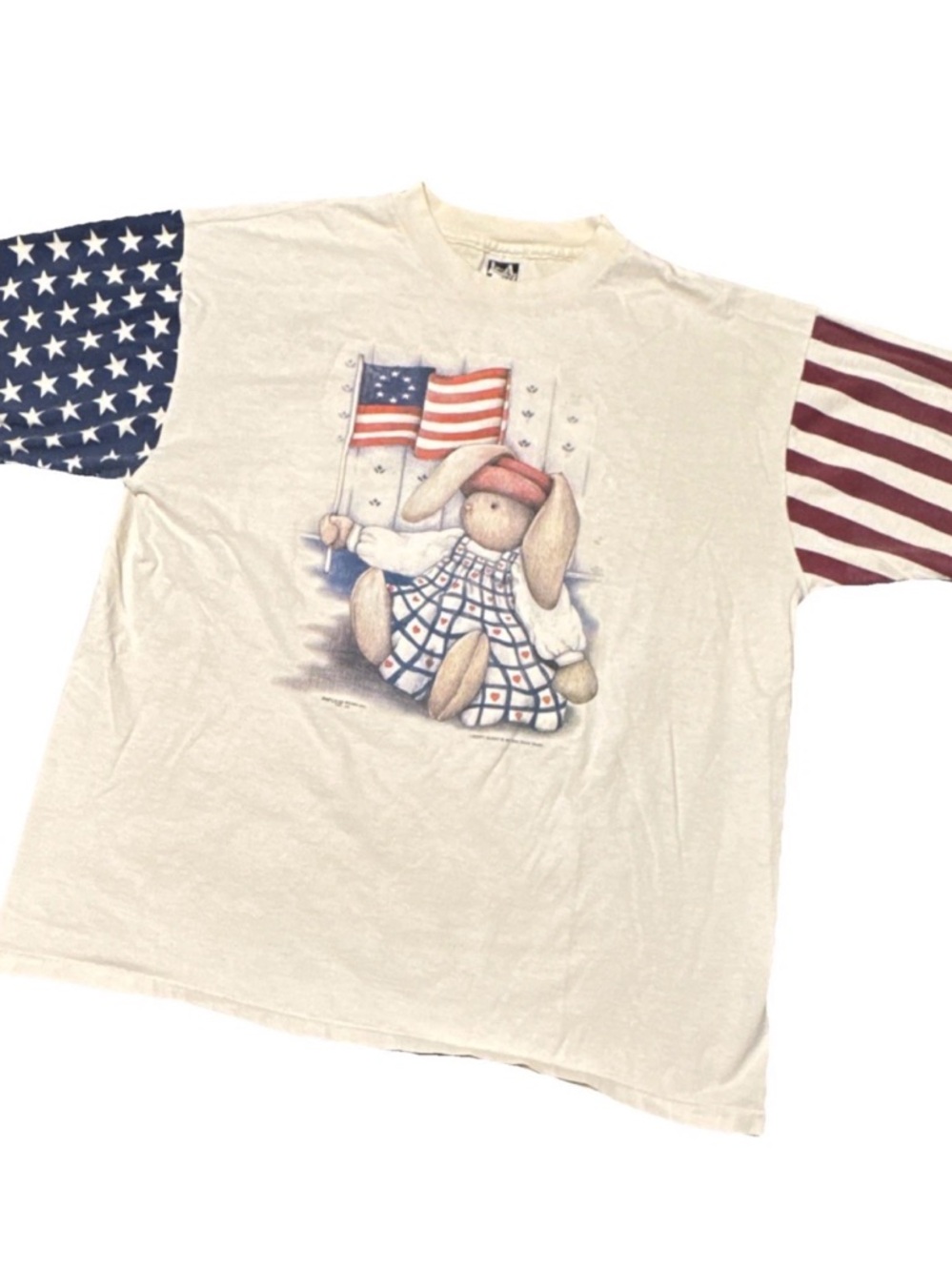 Vintage Patriotic Bunny - White / Stars & Stripes Single Stitched Sleeves